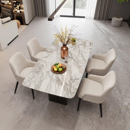 55.12"-78.74"White Marble Dining Table, Modern Rectangular Kitchen Table with Black X-Style Base
