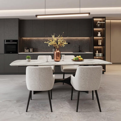 55.12"-78.74"White Marble Dining Table, Modern Rectangular Kitchen Table with Black X-Style Base