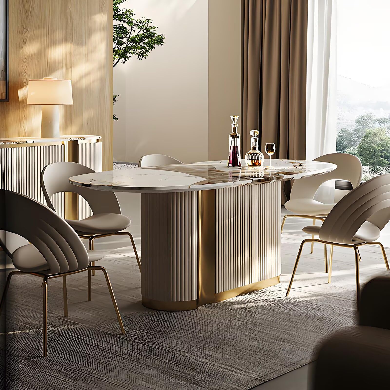 70"Luxury Marble Oval Dining Table with Gold Accent Base for 6-8 People