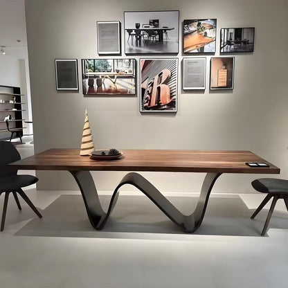 62"-78"Modern Rectangular Dining Table with Walnut Top & Sculptural Wavy Metal Base