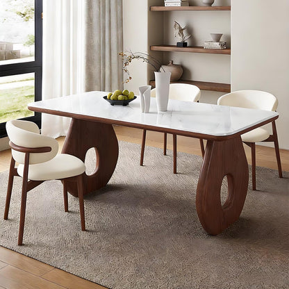62"-70"Modern Mid-Century Dining Table with Marble Top & Unique Wood Base for 4-6