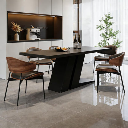 60"-70"Modern Black Rectangular Dining Table with Sculptural Geometric Base for 4-6