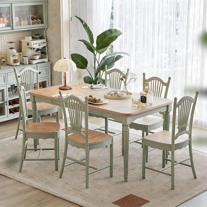62"-78"Retro French Country Dining Table, Light Green Frame with Natural Wood Top