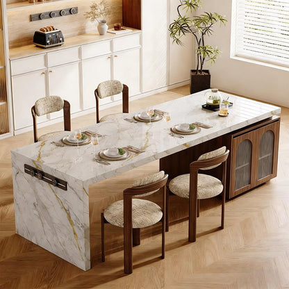 70"-78"Luxury Large Dining Table with Gold-Veined Marble Top & Side Storage Base