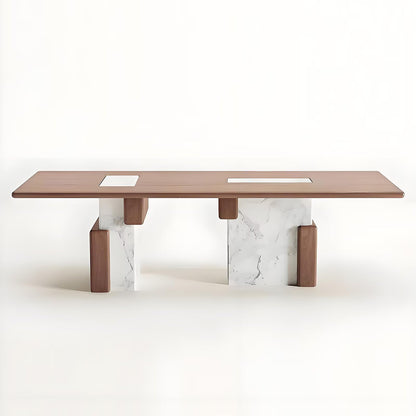 62"-78"Modern Rectangular Dining Table with Wood Top & Marble Block Base for 6-8