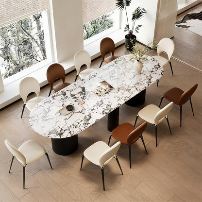 62"-78"Luxury Oval Dining Table with Veined Marble Top & Black Fluted Base for 8-10