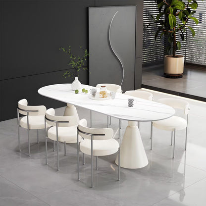 62"-78"Modern Oval Dining Table with White Marble Top & Cream Cone Base for 6-8