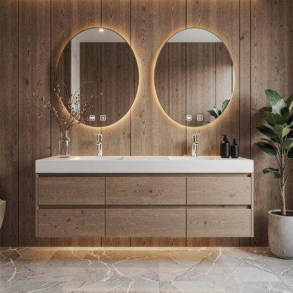 60”-96” Light Oak Floating Bathroom Vanity with Double Sinks & LED Round Mirrors