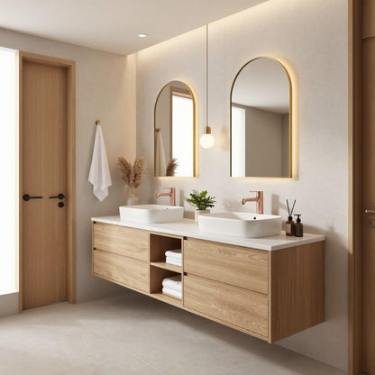 60"-96"Modern Wall-Mounted Bathroom Vanity with Open Shelves & Rose Gold Hardware