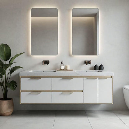 60"-96"Modern Wall-Mounted Bathroom Vanity with Stone Top & Light Wood Trim