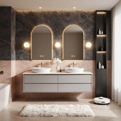 60"-84"Floating Linen Bathroom Vanity with Double Vessel Sinks & LED Arched Mirrors