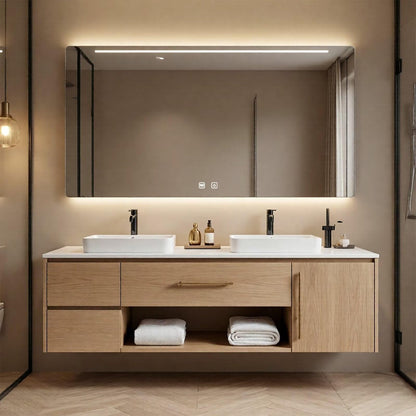 60”-96” Light Wood Floating Bathroom Vanity with Double Sinks & LED Backlit Mirror