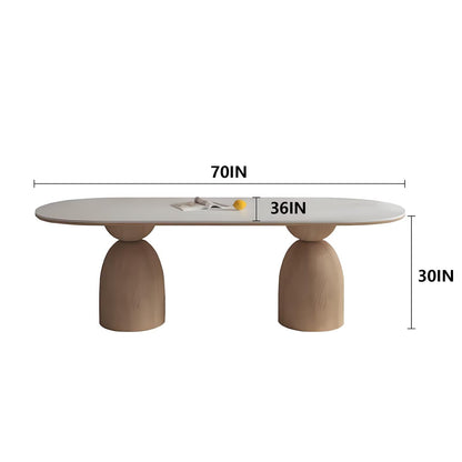 62"-78"Modern Oval Dining Table, White Top with Sculptural Wood Bases for 4-6 People