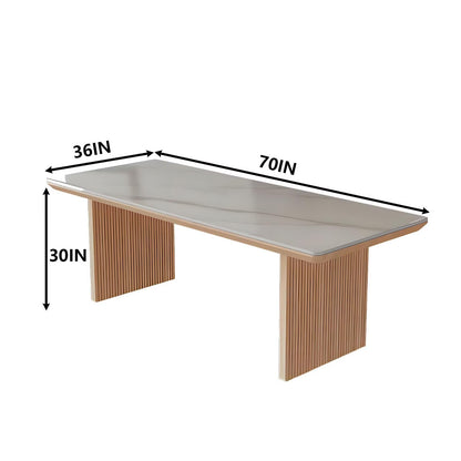 62"-78"Modern Dining Table with Marble Top & Light Wood Fluted Base for 6-8 People