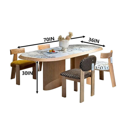 62"-78"Modern Oval Dining Table with Marble Top & Light Wood Base for 6-8 People