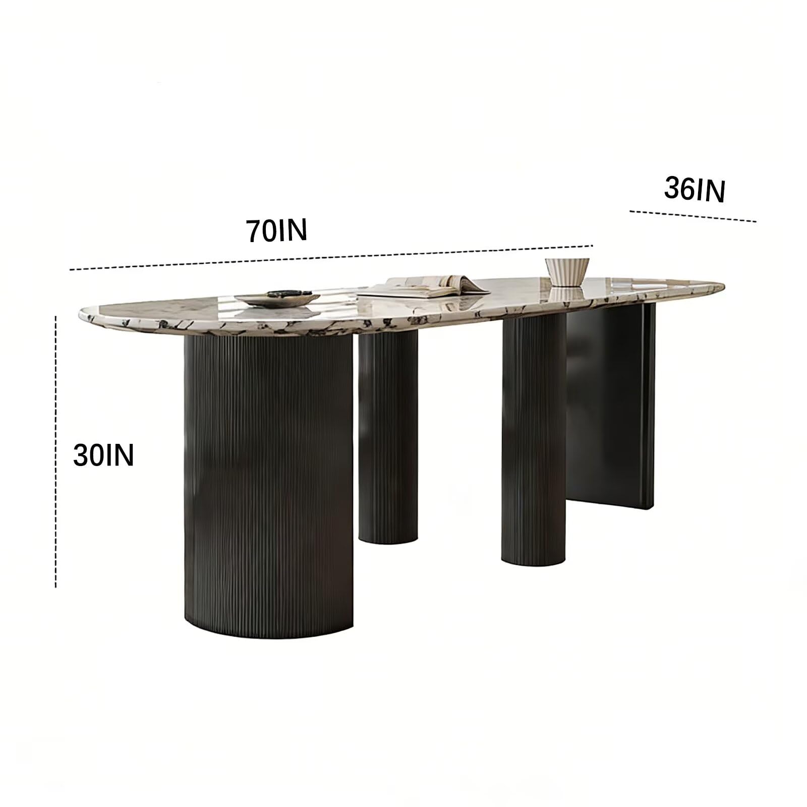 62"-78"Luxury Oval Dining Table with Veined Marble Top & Black Fluted Base for 8-10