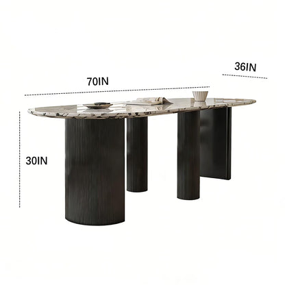62"-78"Luxury Oval Dining Table with Veined Marble Top & Black Fluted Base for 8-10