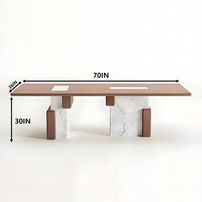 62"-78"Modern Rectangular Dining Table with Wood Top & Marble Block Base for 6-8