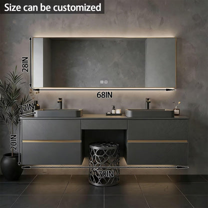 60"-84"Floating Dark Gray Bathroom Vanity with Double Vessel Sinks & LED Mirror