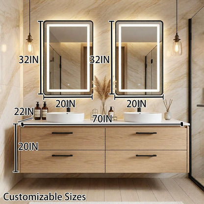 60"-96"Light Oak Floating Bathroom Vanity with Double Vessel Sinks & LED Mirrors