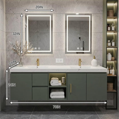 60”-96” Green Floating Bathroom Vanity with Double Sinks & LED Lighted Mirrors