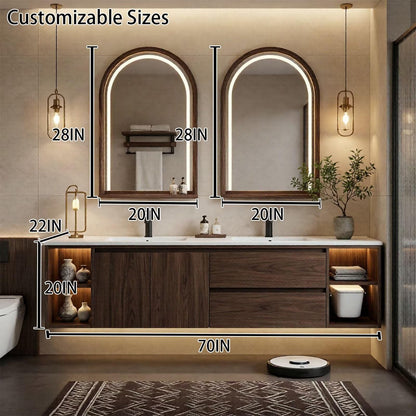 60"-96"Dark Walnut Floating Bathroom Vanity with LED Arched Mirrors & Open Shelves