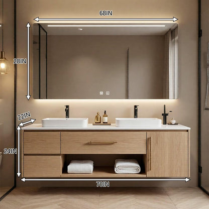 60”-96” Light Wood Floating Bathroom Vanity with Double Sinks & LED Backlit Mirror