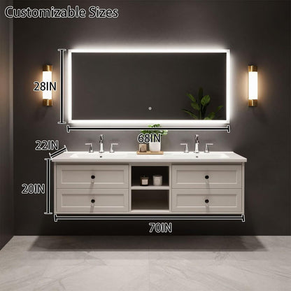 60"-96"White Floating Bathroom Vanity with Double Sinks & Large LED Lighted Mirror