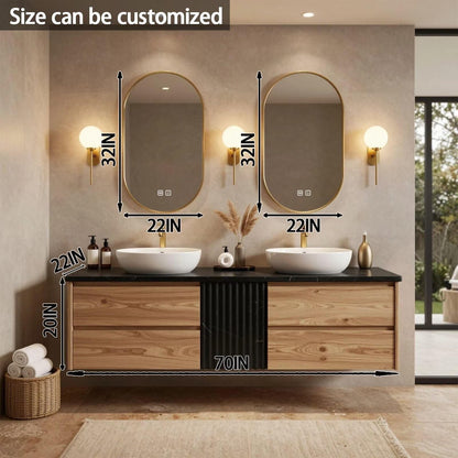 60”-84”Double Sink Floating Vanity with Gold Oval Mirrors,Black Stone Top