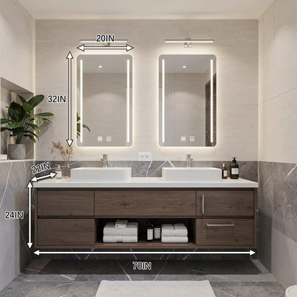 60”-96” Modern Dark Wood Vanity with Double Basins, Storage Drawers & LED Wall Mirrors