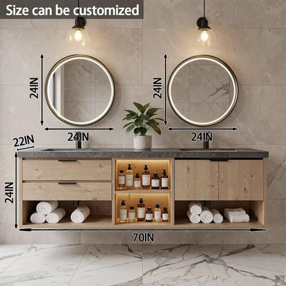 60”-84”Double Sink Floating Bathroom Vanity with LED Round Mirrors, Light Wood Cabinet & Stone Top