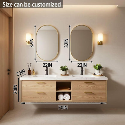 60”-84”Double Sink Floating Bathroom Vanity with Gold Oval Mirrors