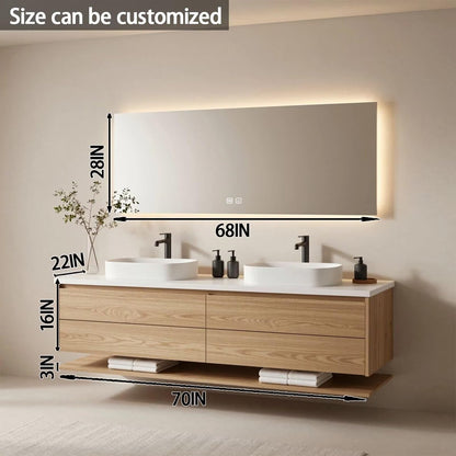 60"-84"Modern Floating Oak Bathroom Vanity with Double Vessel Sinks & LED Smart Mirror