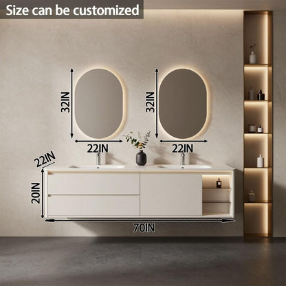 60"-84"Wall Mounted White Bathroom Vanity with Double Sinks & Open Shelf Storage