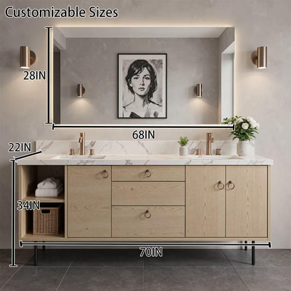 60"-96"Modern Light Oak Floating Bathroom Vanity with Double Sinks & Marble Top