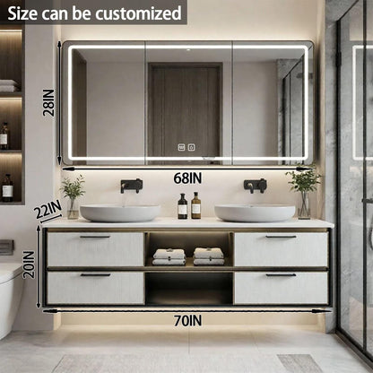 60"-84"Modern Floating Bathroom Vanity Set with LED Mirror & Open Shelves