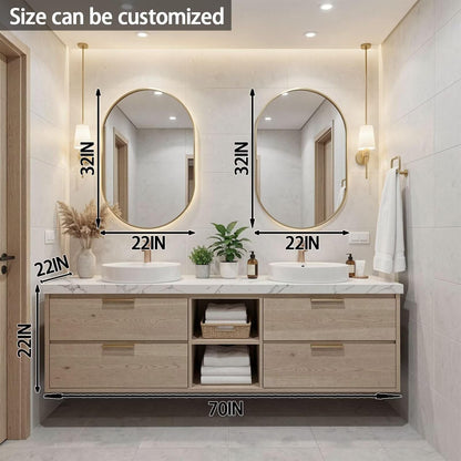 60”-84”Double Sink Floating Bathroom Vanity with Gold Oval Mirrors, Light Wood Cabinet & Marble Top