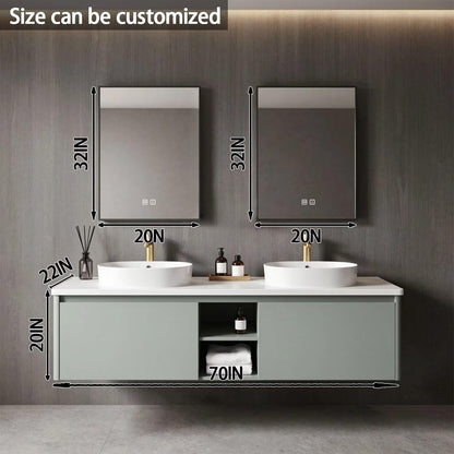 60”-84”Double Sink Floating Bathroom Vanity with LED Mirrors, Light Gray Cabinet & White Stone Top