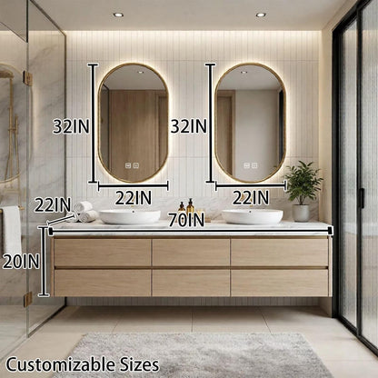 60"-96"Modern Wall-Mounted Vanity with Marble Top & Gold Hardware & Soft-Close Drawers