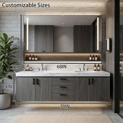 60"-96"Modern Wall-Mounted Bathroom Vanity with Double Sinks & Open Mirror Shelf