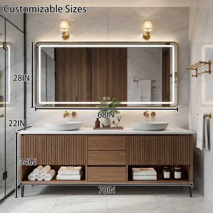 60"-96"Wood Fluted Bathroom Vanity with Double Vessel Sinks & LED Lighted Mirror