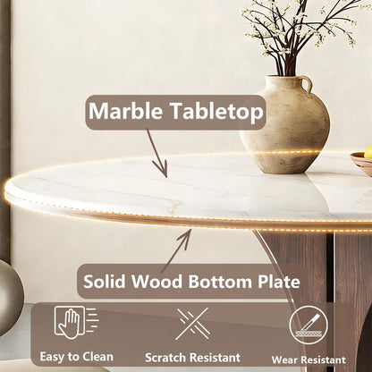 62"-78"Round Marble Dining Table with Wood Base, Modern Sintered Stone Table for 4-6