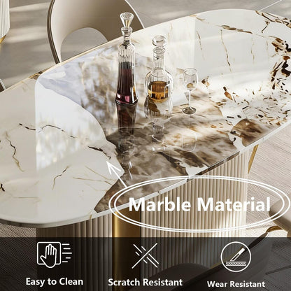 70"Luxury Marble Oval Dining Table with Gold Accent Base for 6-8 People