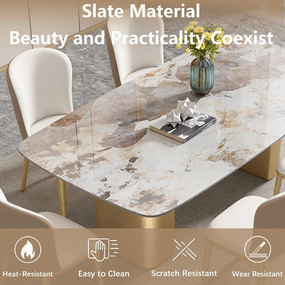 60"-70"Luxury Rectangular Dining Table with Marble Top & Gold Base for 6 People