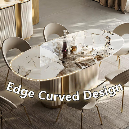 70"Luxury Marble Oval Dining Table with Gold Accent Base for 6-8 People