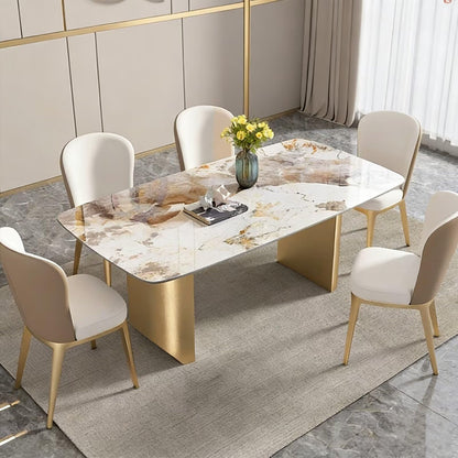 60"-70"Luxury Rectangular Dining Table with Marble Top & Gold Base for 6 People