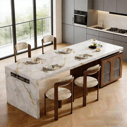 70"-78"Luxury Large Dining Table with Gold-Veined Marble Top & Side Storage Base