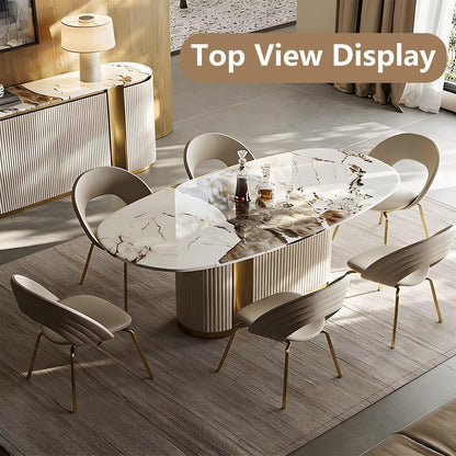 70"Luxury Marble Oval Dining Table with Gold Accent Base for 6-8 People