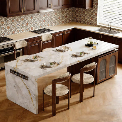 70"-78"Luxury Large Dining Table with Gold-Veined Marble Top & Side Storage Base