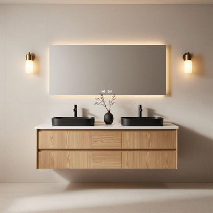 60"-96"Light Oak Bathroom Vanity with Double Sink & Wall-Mounted Drawers
